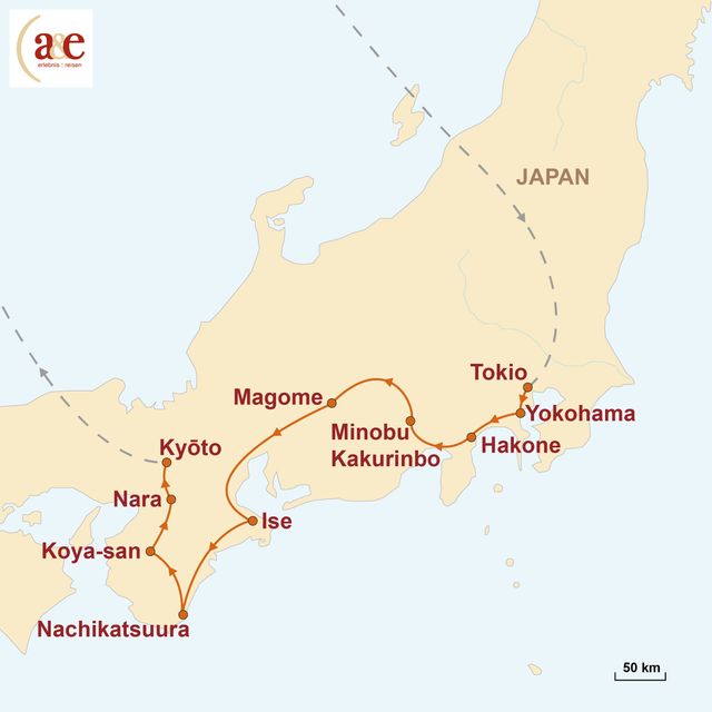 Reiseroute unserer Japan Reise Japan erleben: Zeitgeist und Zeitlosigkeit