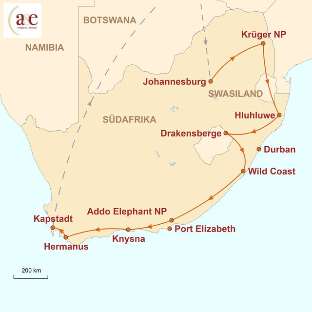 Reiseroute unserer Südafrika Reise Regenbogenreise