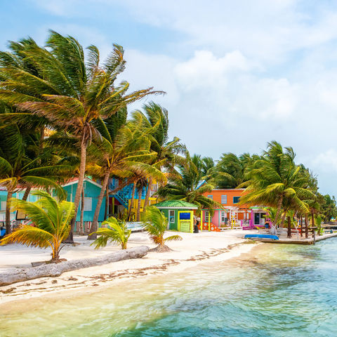 Farbtupfer in Form von Häuslein am Strand von Caye Caulker, Belize