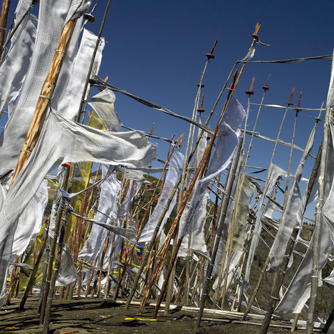 Gebetsfahnen auf dem Land, Bhutan