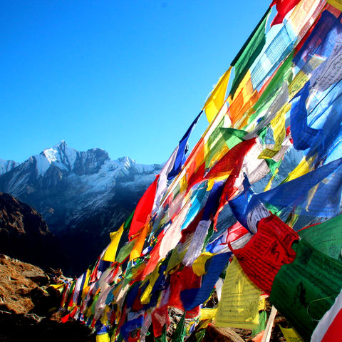 Bunte Gebetsfahnen in den Bergen, Nepal