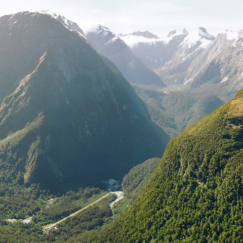 Panormablick auf das Arthur Tal in den Milford Sounds, Neuseeland