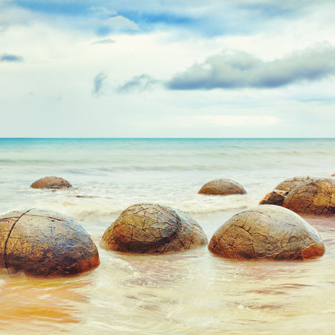 Moeraki Boulders am Strand, Neuseeland