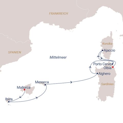 Karte unserer Reise mit der Sea Cloud Route 2: Mittelmeer - SONGS ’N’ SAIL ab Palma de Mallorca / an Olbia Sardinien, Seacloud