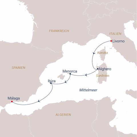 Karte unserer Reise mit der Sea Cloud Route 1: Mittelmeer - Sylt under Sails - 2026 ab Livorno/an Málaga, Seacloud