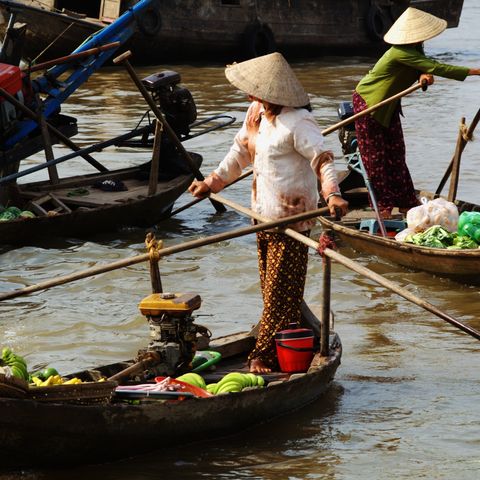 Geschäftiges Treiben auf dem Schwimmenden Markt im Mekongdelta, Vietnam